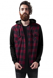 Hooded Checked Flanell Sweat Sleeve Shirt blk/burgundy/blk