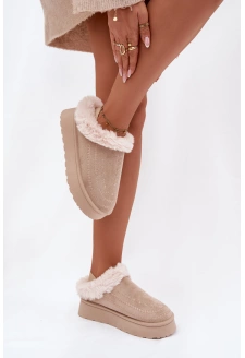 Śniegowce Damskie Na Platformie Z Futerkiem I Przeszyciami Jasnobeżowe Arelina