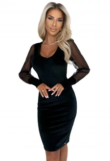 343-2 Elegant velvet dress with transparent sleeve - BLACK