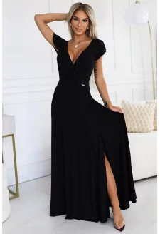 411-12 CRYSTAL glossy long dress with neckline - BLACK