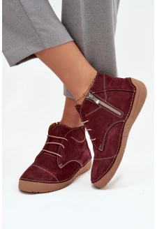 Skórzane Półbuty Damskie Z Przeszyciami Na Zamek Artiker 57C2116 Bordowe