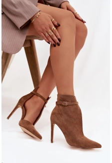 Botki Damskie Na Szpilce Z Eko Zamszu Ciemnobeżowe Amalundi