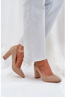 Czółenka Damskie Na Słupku Eko Zamszowe Ciemnobeżowe Florena