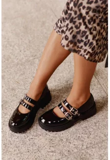 Black Patent Leather Women's Loafers with Straps Terione