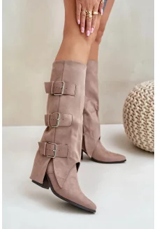 Beige Vamissa Heeled Boots with Curved Shaft and Buckles