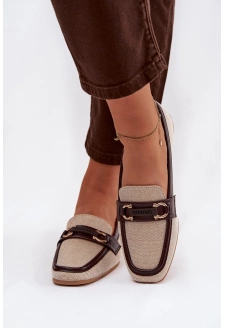 Mokasyny Loafersy Damskie Z Ozdobnym Elementem Brązowo-Beżowe Evelora